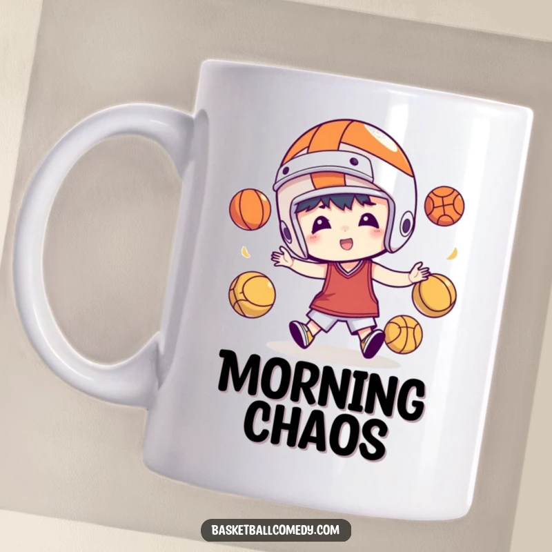 Funny mug showing a character in a basketball helmet struggling comically to juggle multiple basketballs, dropping a few in the process.
