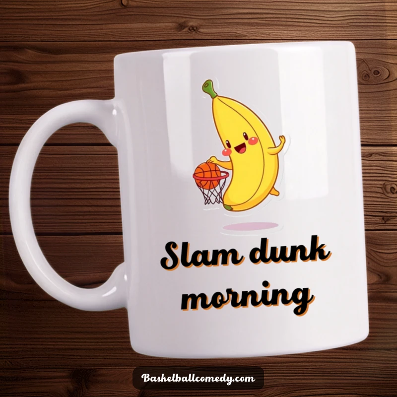 Funny banana mug, a cheerful banana character playfully attempting to dunk a tiny basketball into a hoop.