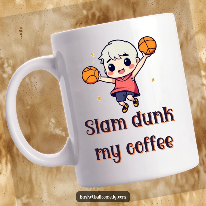 Funny mug: A quirky character joyfully dances with a basketball in hand, radiating energetic and humorous vibes.