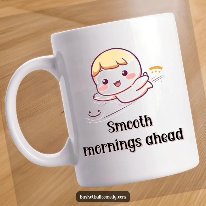 Funny mug featuring a cute character dramatically sliding with a trail of smiley faces, radiating pure joy and fun.