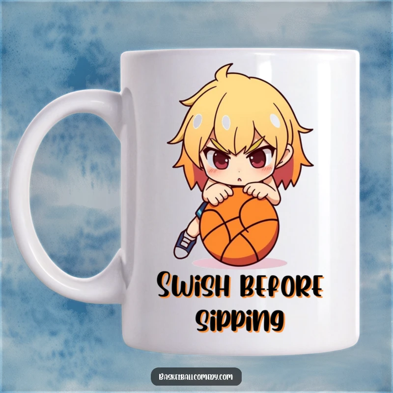 Funny Basketball Player Mug: A determined character leans over a basketball, poised to make the winning shot with focus.