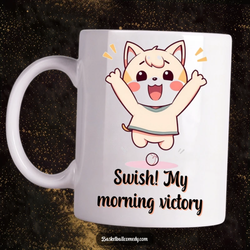 Funny Kawaii Mug featuring a joyful character mid-air, celebrating a successful dunk with pure elation and energy.