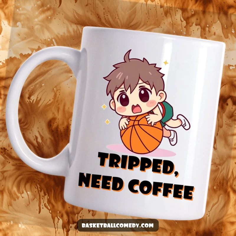 Funny character tripping over a basketball with a huge, surprised expression on their face. A humorous mug for clumsy moments.