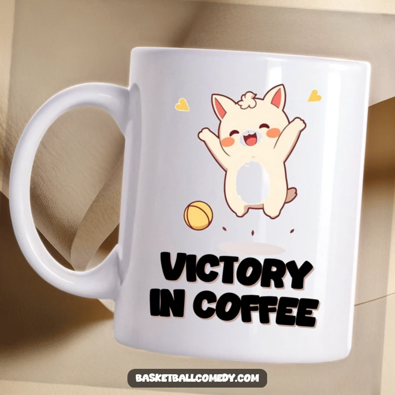 Funny Kawaii character mug, doing a joyful celebratory jump after successfully dunking a tiny ball, embodying pure victory and excitement.