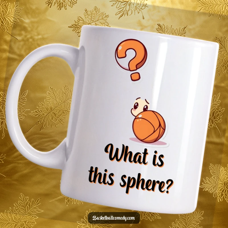Funny mug featuring a confused character with a giant question mark over their head, staring blankly at a basketball.