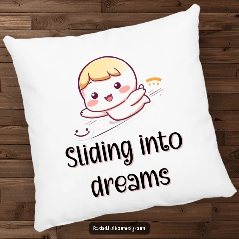 Funny pillow with a cute character sliding dramatically, leaving a trail of smiley faces, offering soft comfort and playful vibes.