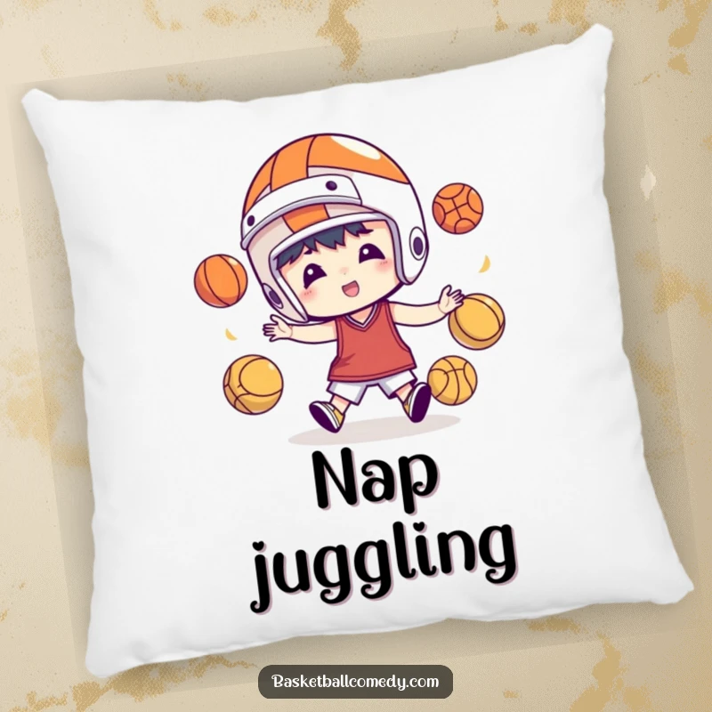 Funny pillow featuring a character in a basketball helmet comically juggling basketballs, perfect for adding a sporty, soft touch.