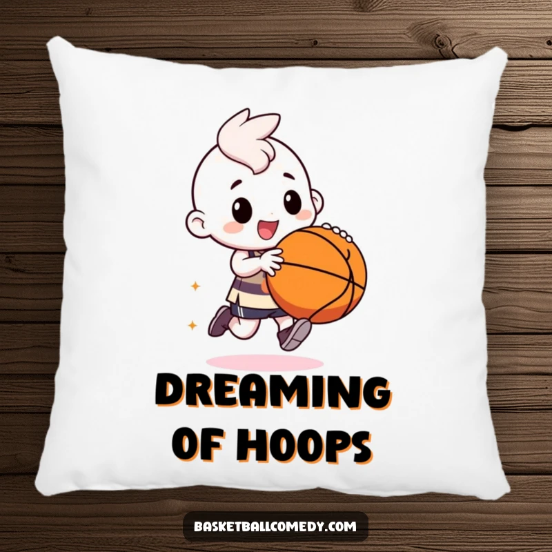 Funny kawaii character basketball pillow, resting after a game, still smiling and dreaming of dribbling.