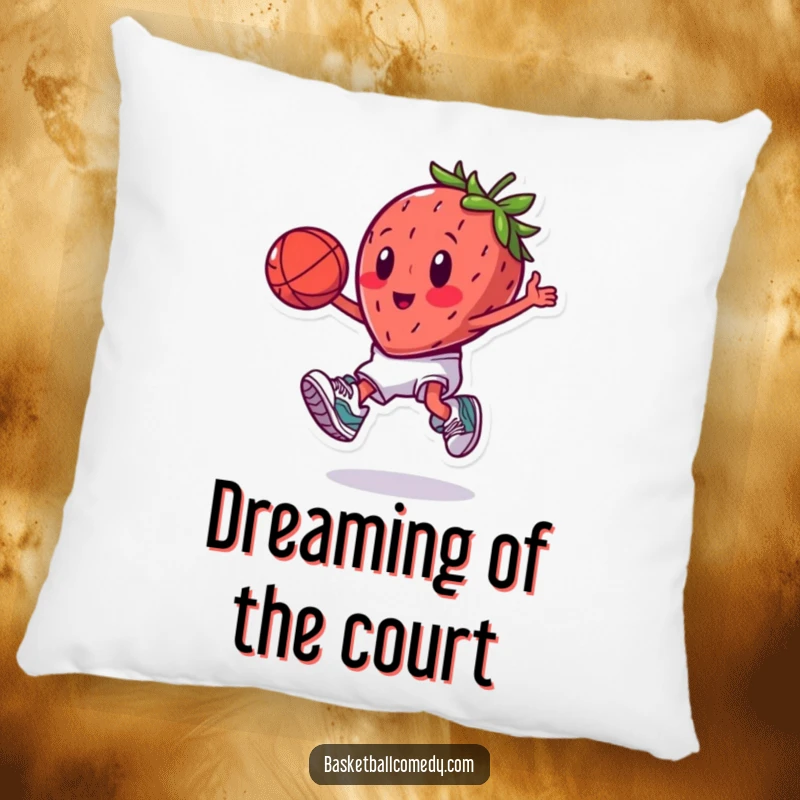 Funny energetic strawberry in sneakers doing a slam dunk, a soft and humorous decorative pillow gift.