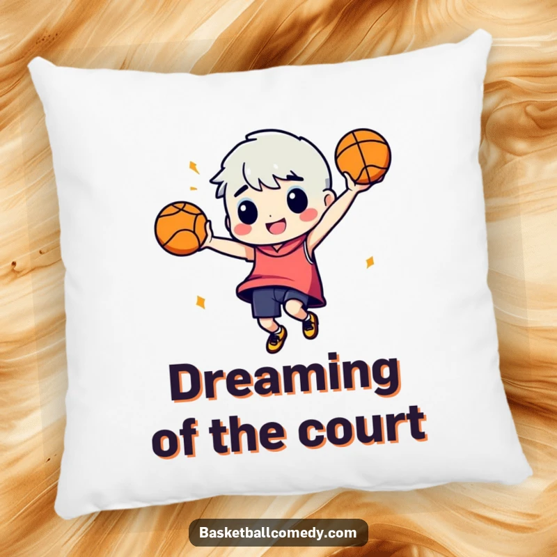 Funny pillow: A comfortable cushion featuring a character doing a silly dance with a basketball, perfect for humorous relaxation.