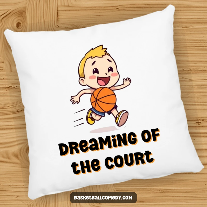 Funny happy character running with a basketball, speed lines trailing, depicted on a soft pillow for a humorous and energetic touch.