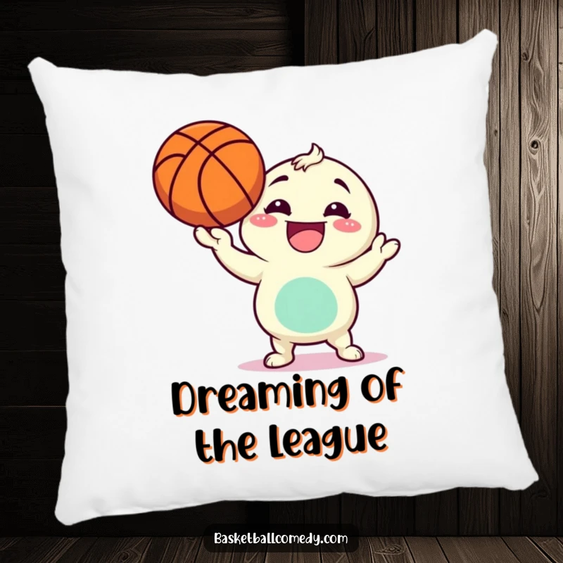 Funny decorative pillow with a grinning character in the act of spinning a basketball on its finger, adding humor to any room.