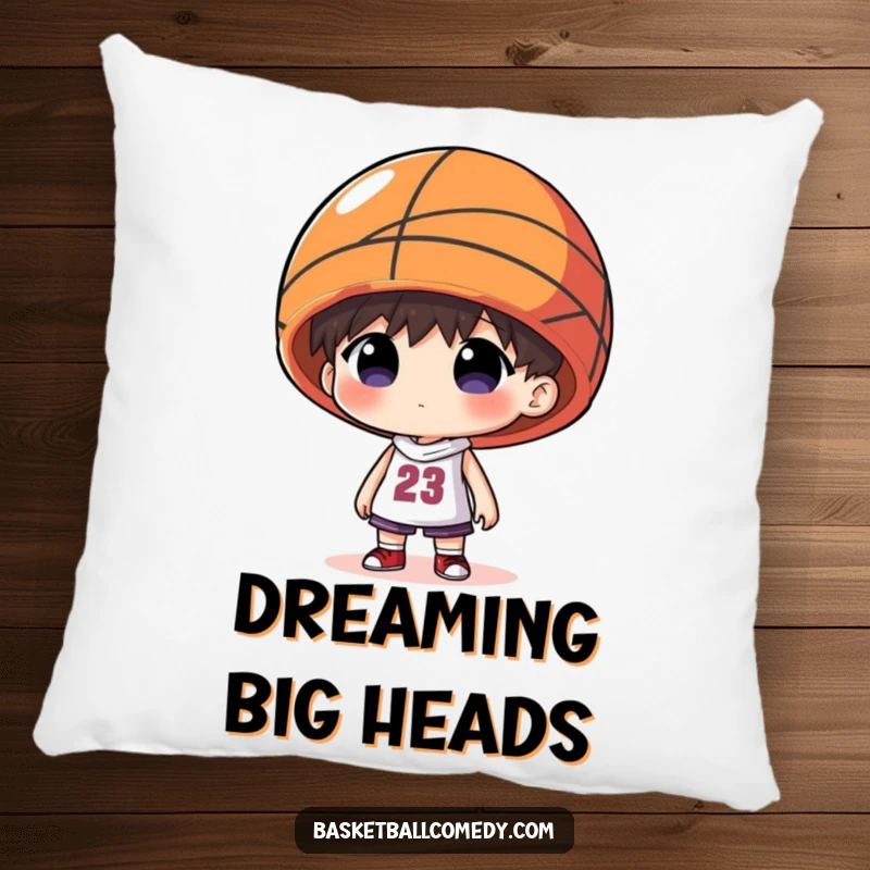 Funny pillow showcasing a character wearing a basketball as a hat, offering comfort with a humorous twist.