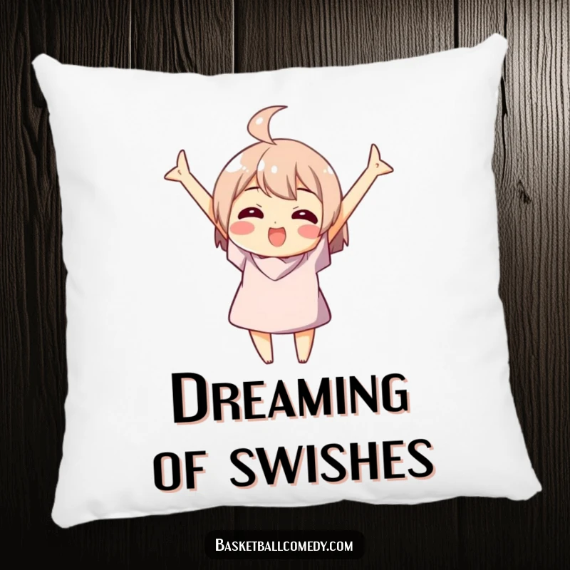 Funny pillow showcasing a character celebrating a basketball swish with arms up, bringing cozy winning vibes.