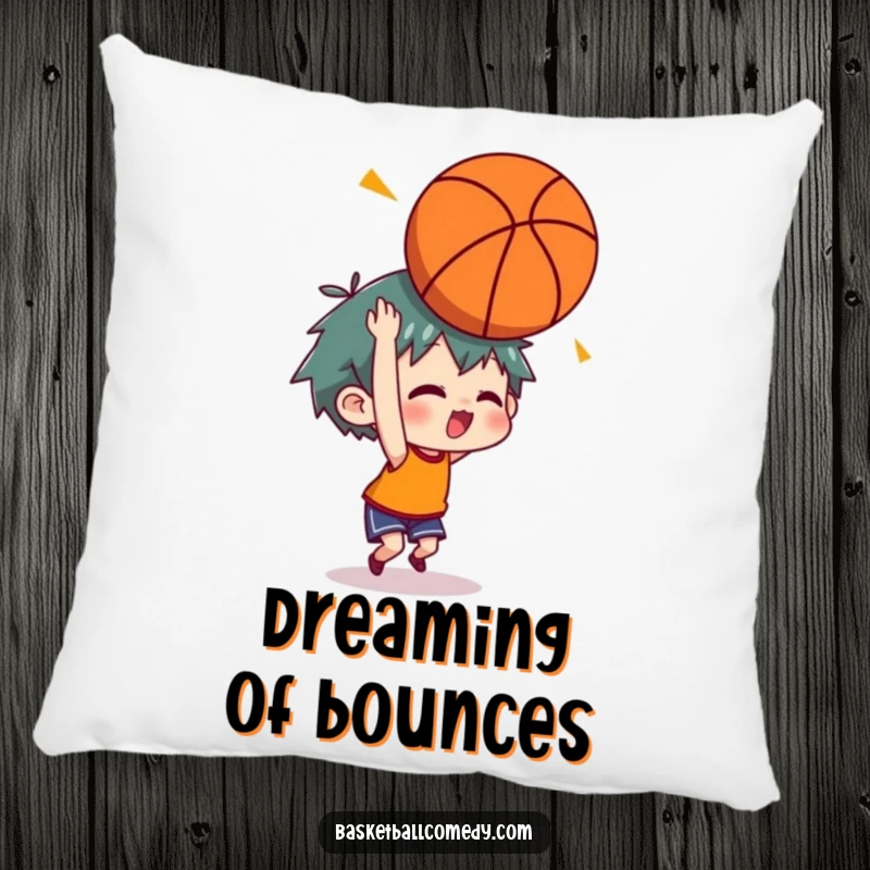 Funny pillow showing a character looking dazed with stars surrounding their head from an accidental basketball impact.