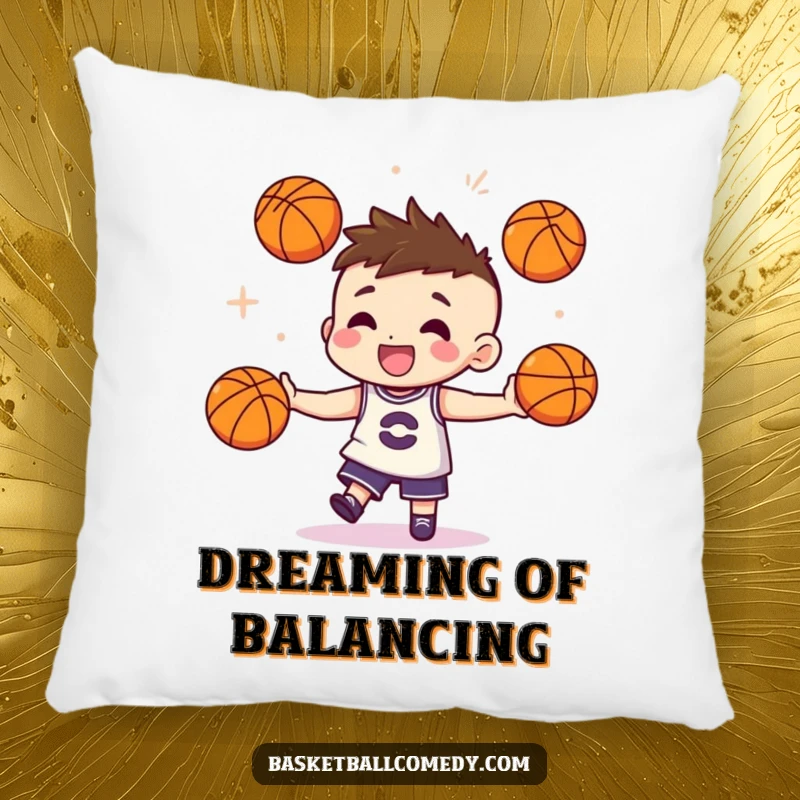 Funny pillow with a cute character juggling three miniature basketballs with impressive flair, offering comfort and a humorous display of skill.