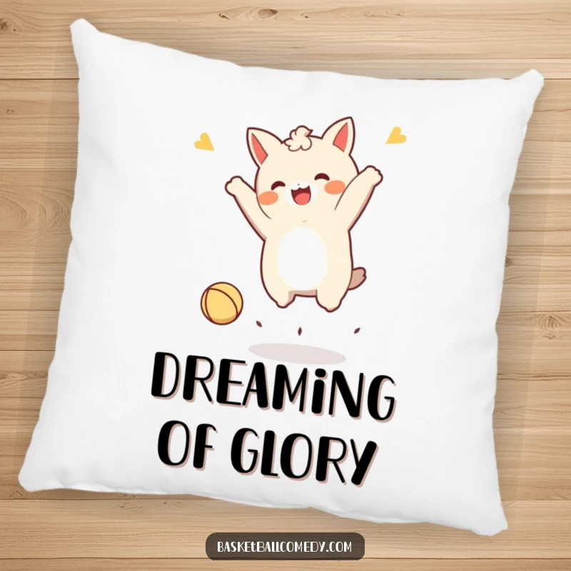 Funny Kawaii character pillow, doing a joyful celebratory jump after dunking a tiny ball, providing soft comfort and sporty charm.