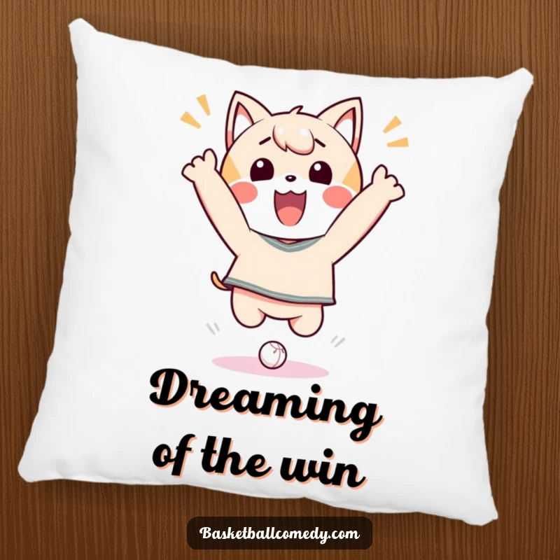 Funny Pillow featuring a happy Kawaii character mid-leap, celebrating a triumphant dunk with vibrant energy and glee.