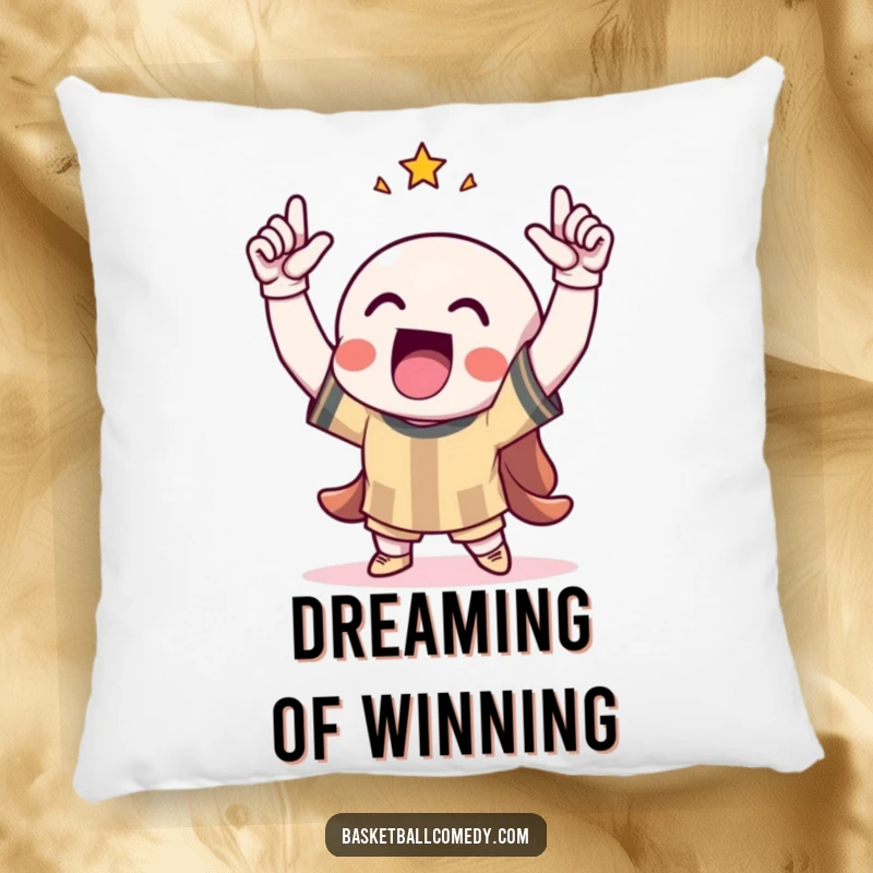 Funny decorative pillow featuring a character celebrating a score with arms raised, adding a touch of playful triumph to any space.