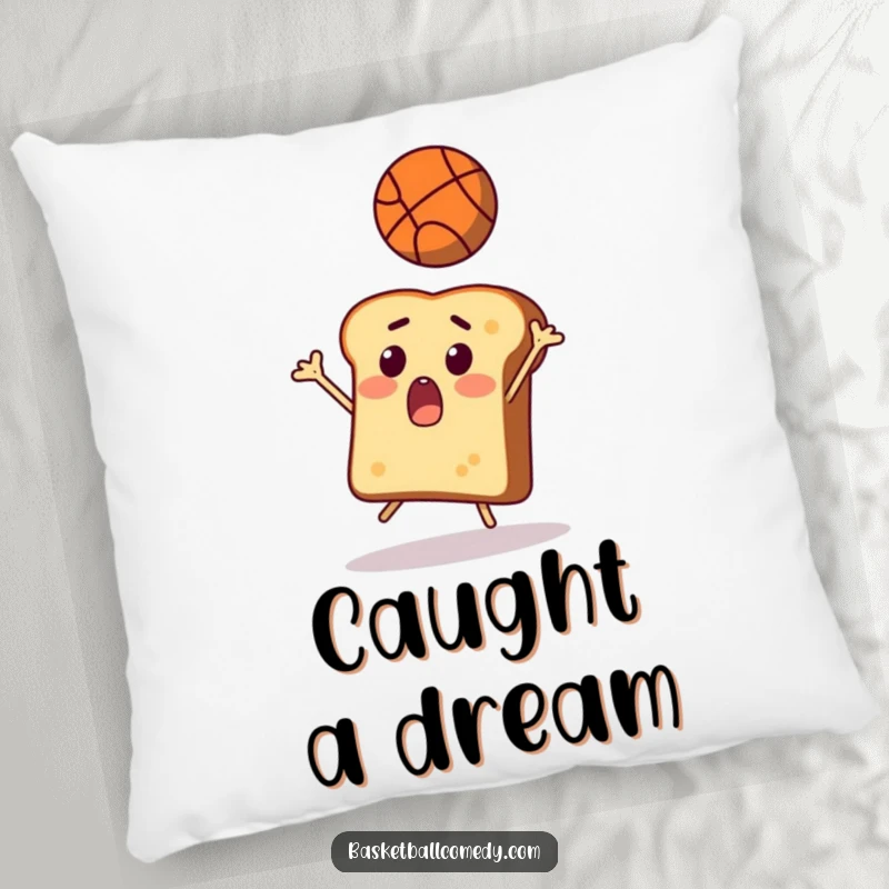 Funny toast pillow, a surprised slice of bread comically attempting to catch a basketball, offering soft, humorous comfort.