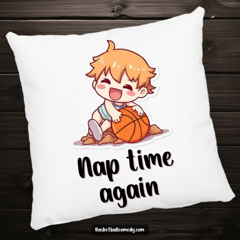 Funny pillow designed with a Kawaii character comically tripping over a basketball, settling in a funny heap with a grin.