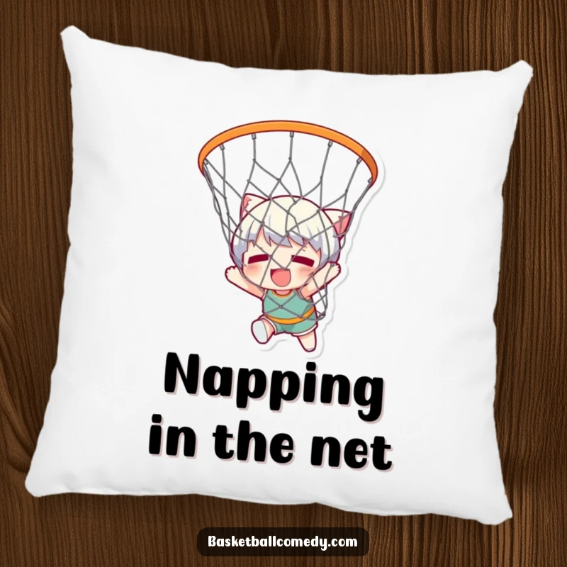 Funny pillow with a cute character comically tangled in a basketball net, offering both comfort and a humorous visual gag.