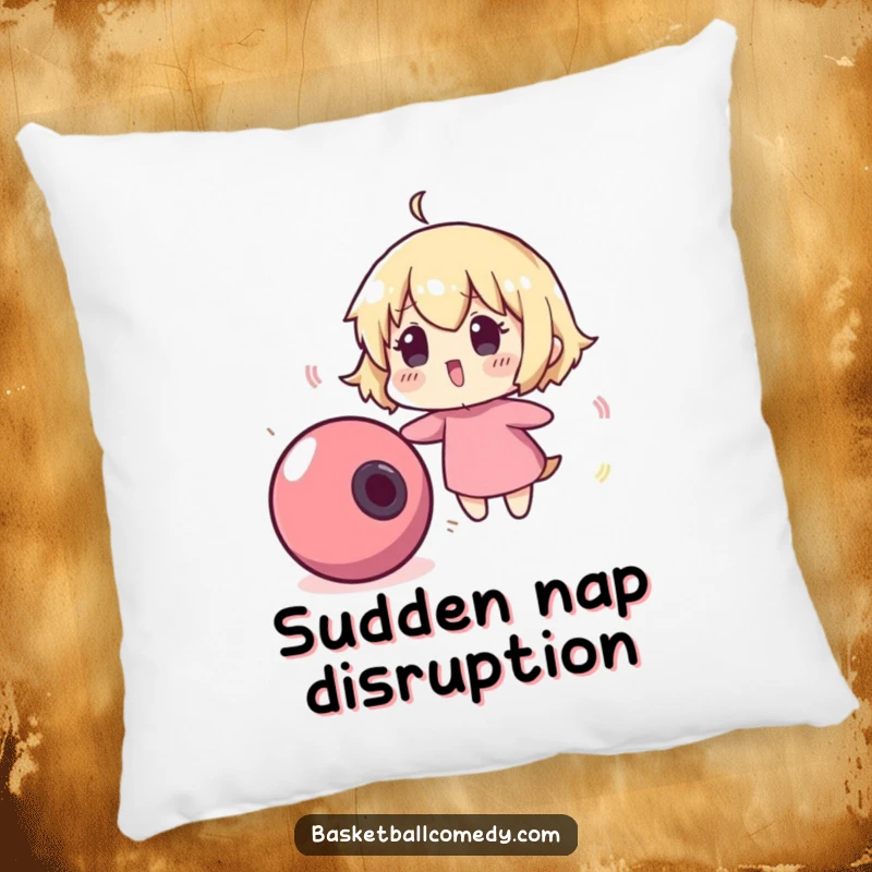 Funny pillow with a cute character comically surprised by a runaway, bouncing basketball, offering comfort and a humorous visual gag.