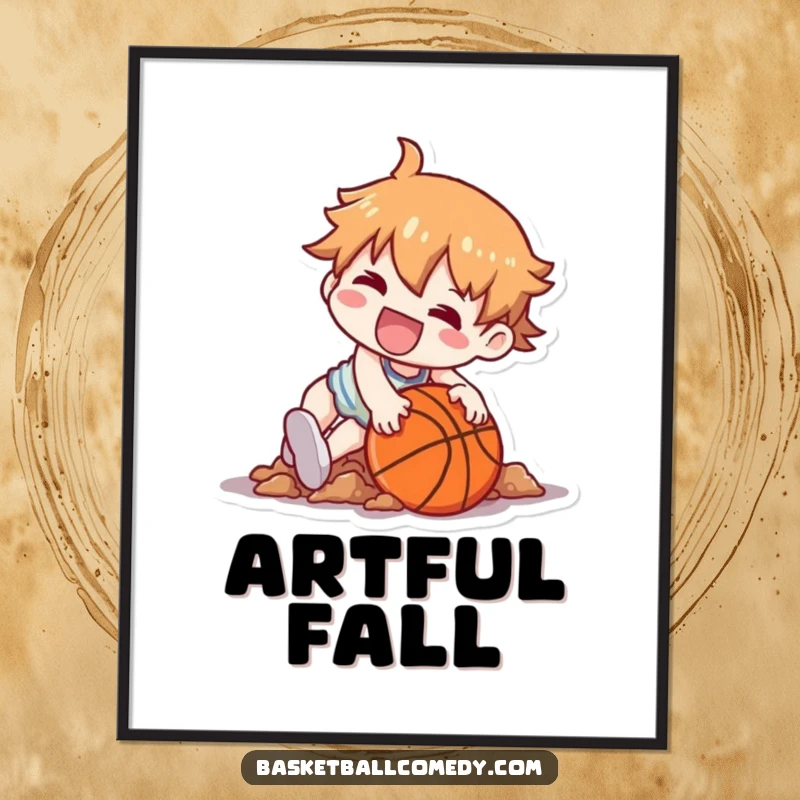 Funny digital art print showing a Kawaii character hilariously tripping over a basketball, landing in a heap with a funny grin.
