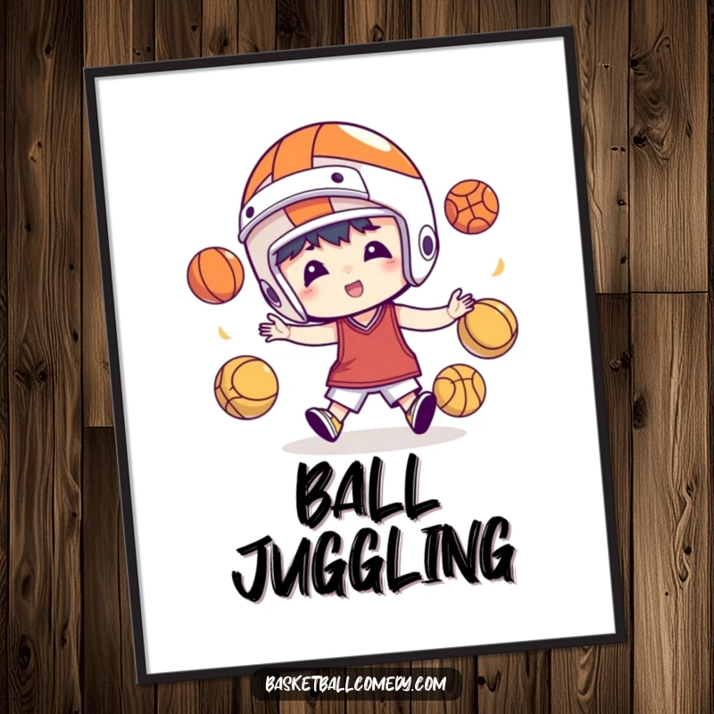 Funny digital art print of a character in a basketball helmet attempting to juggle basketballs, perfect for adding sporty humor to walls.