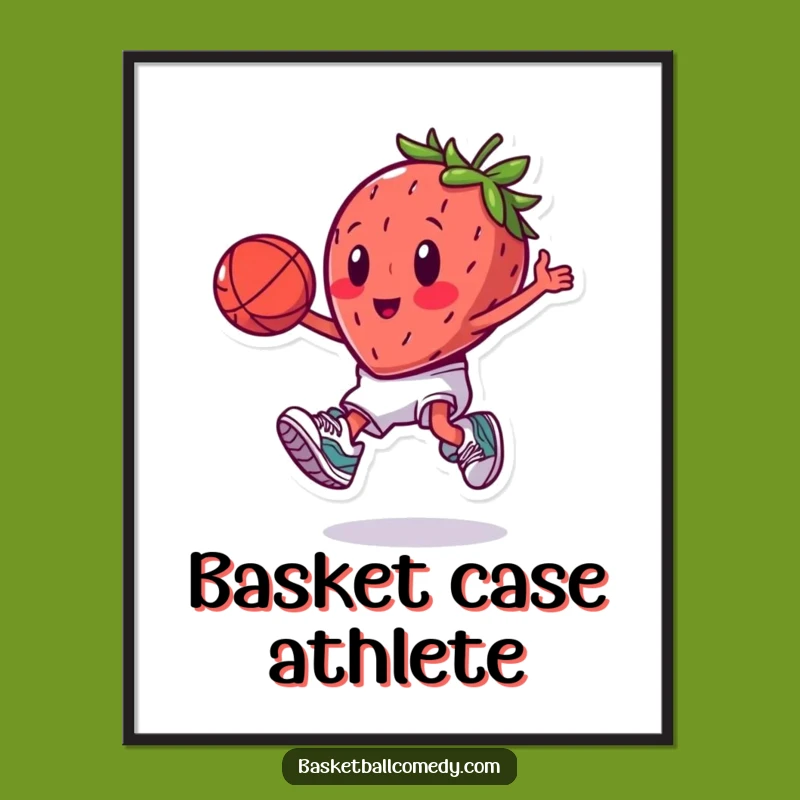 Funny Slam Dunking Strawberry Digital Art: High-Quality Cartoon Fruit Print, A Hilarious Gift for Walls