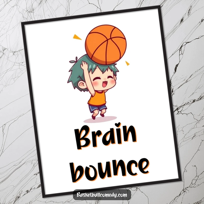 Funny digital art print of a character with stars around their head from an accidental basketball bounce, capturing a comical moment.