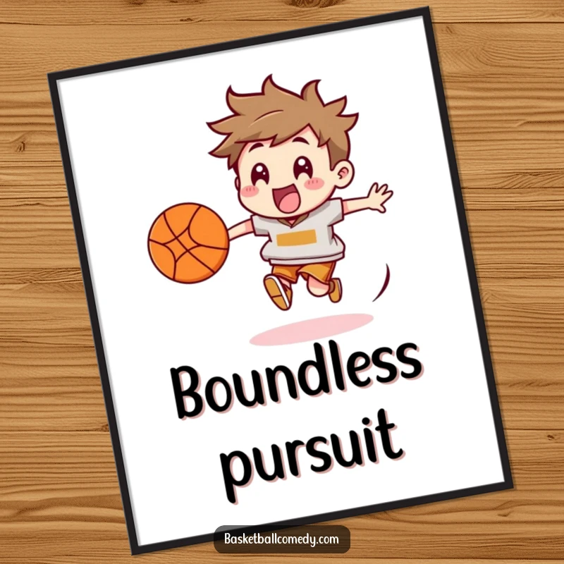Funny Basketball Chaser Digital Art: High-resolution artwork of a character energetically chasing a bouncing basketball, capturing pure motion.