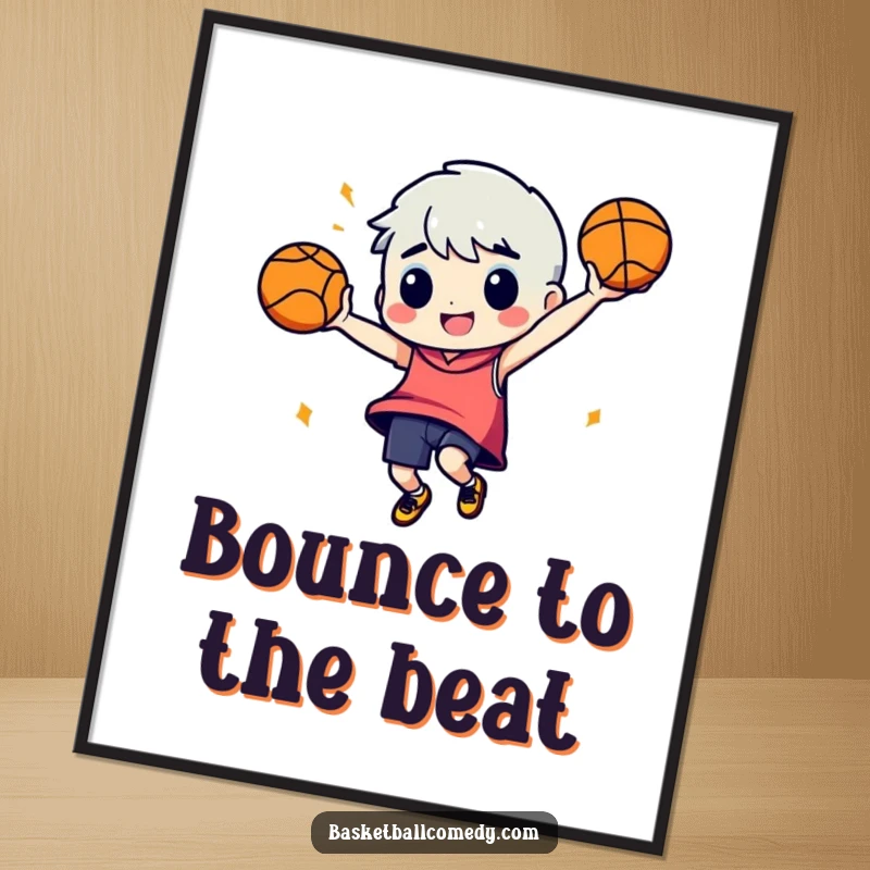 Funny digital art print: A character performs an energetic, silly dance while holding a basketball, perfect for humorous decor.