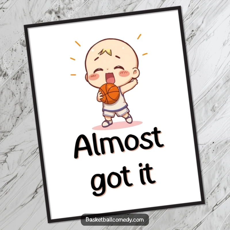 Funny character comically missing a basketball shot, as a high-quality digital art print. Ideal for instant wall decor.