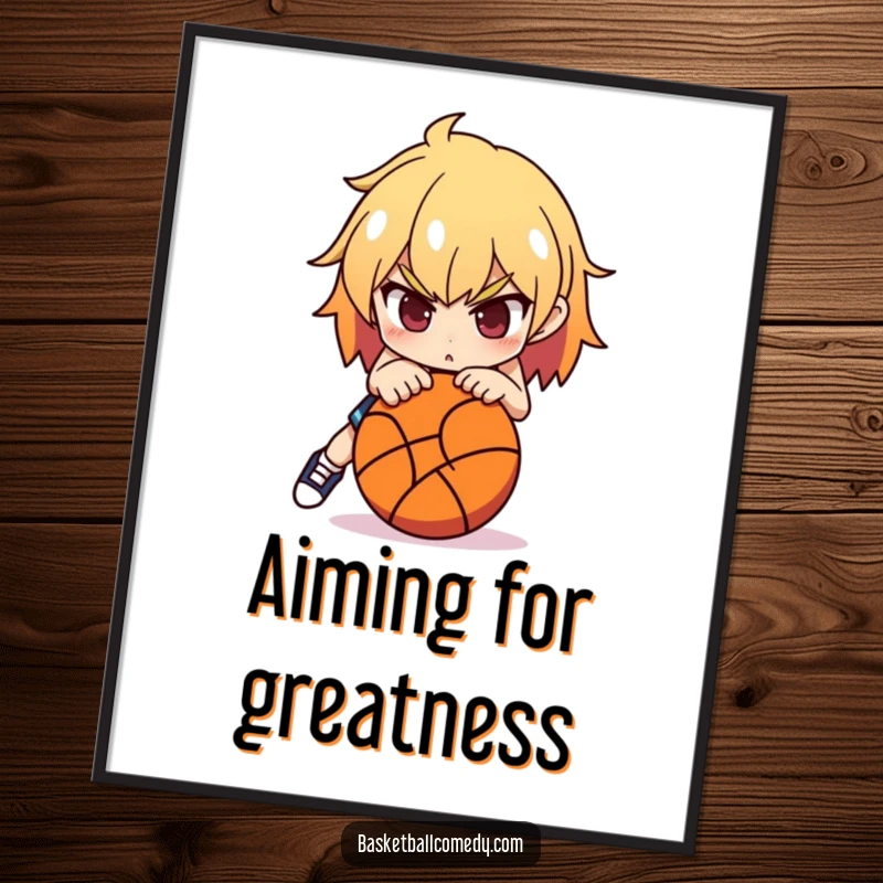 Funny Basketball Digital Art Print: A determined character leans over a basketball, ready to shoot, capturing intense athletic action.