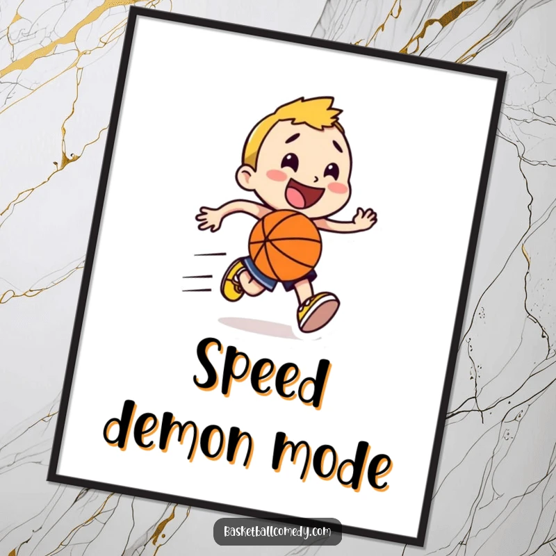 Funny happy character running with a basketball, leaving a trail of speed lines, offered as a digital art print for humorous decor.