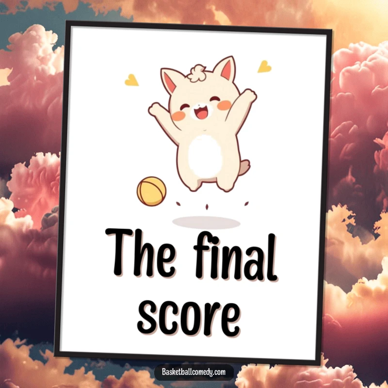 Funny Kawaii character digital art print, doing a joyful celebratory jump after dunking a tiny ball, symbolizing triumph and fun.