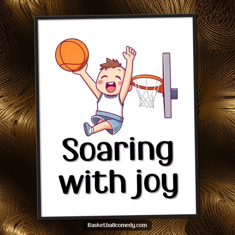 Funny digital art print showing a cute character happily soaring through the air, executing a slam dunk with infectious fun.