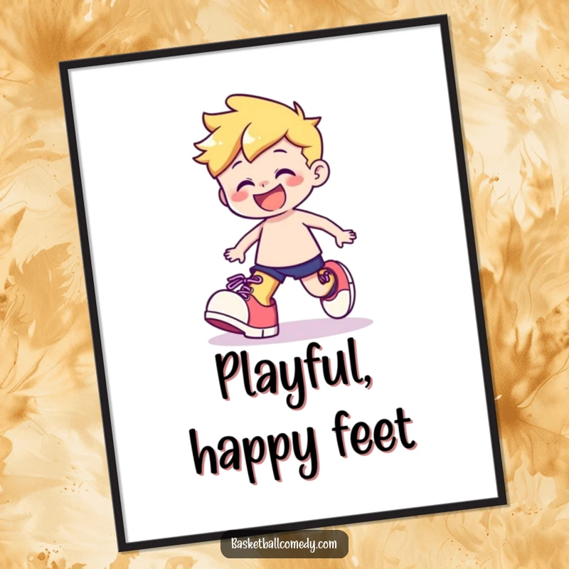 Funny digital art print of a cute character playfully stumbling with oversized shoes, wearing a wide, happy grin.