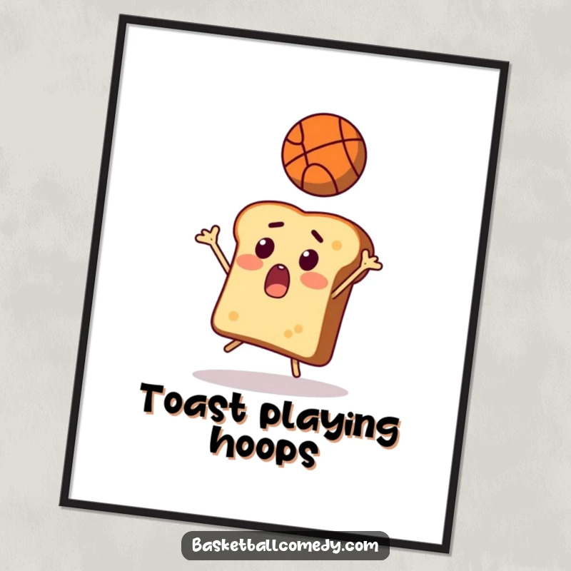 Funny toast digital art print, a surprised slice of bread comically trying to catch a basketball, bringing whimsical humor.