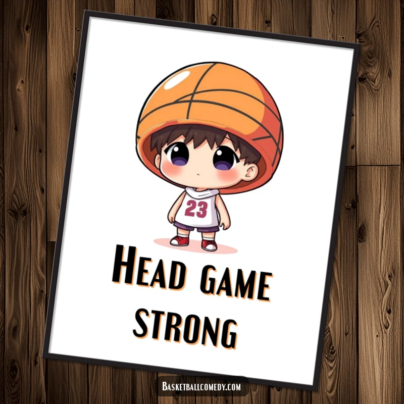Funny digital art print of a character humorously wearing an oversized basketball as a hat, perfect for quirky decor.