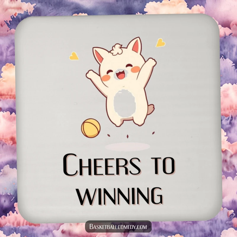 Funny Kawaii character drink coasters, performing a joyful jump after dunking a tiny ball, adding a sporty and protective element to tables.