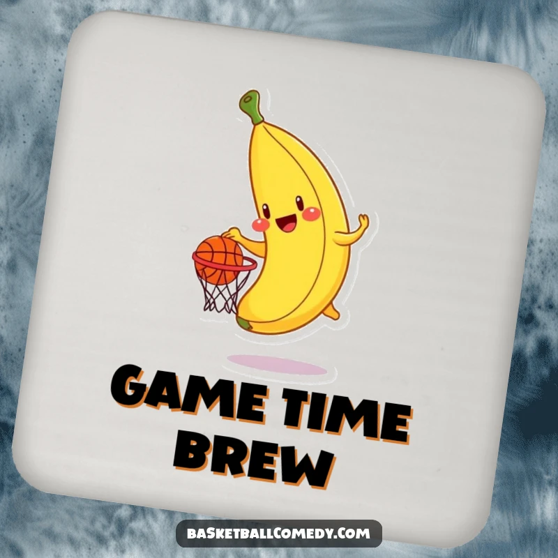 Funny banana drink coaster, a cheerful banana character attempting to dunk a basketball, adding humorous protection.
