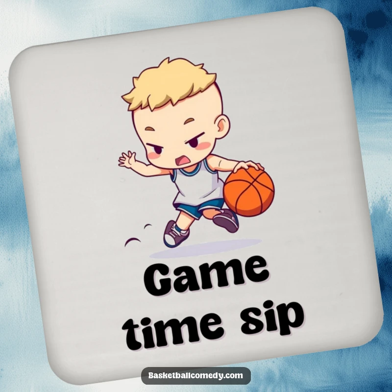 Funny drink coaster with a character dribbling a basketball in extreme concentration, protecting surfaces with a humorous, sporty design.
