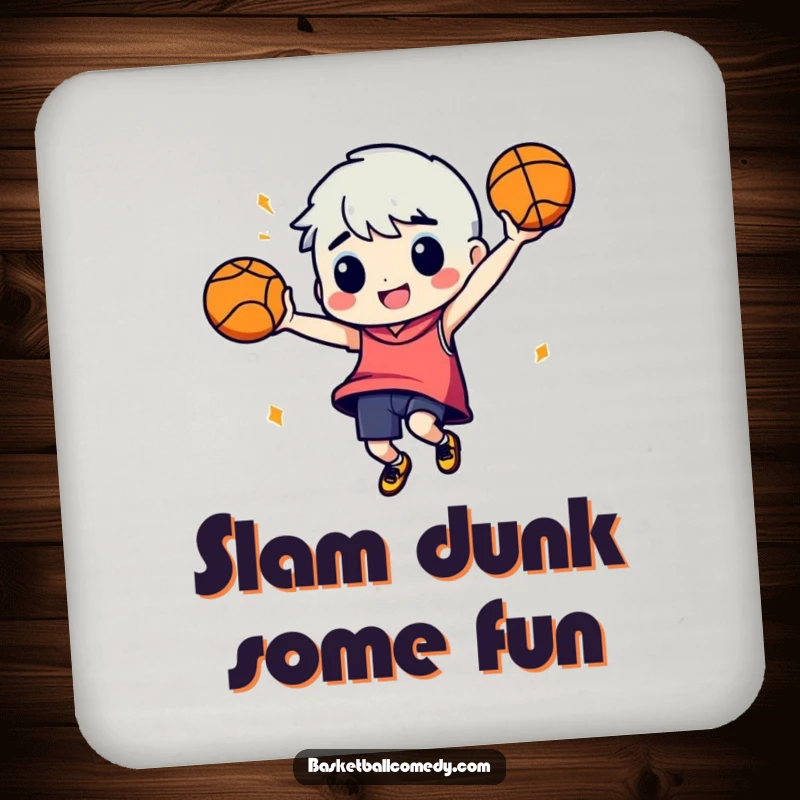 Funny coaster: A character performs a silly dance with a basketball, adding humorous protection to your surfaces.