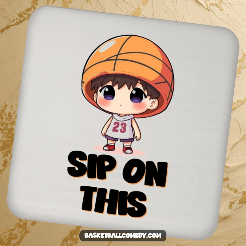 Funny drink coasters featuring a character wearing an oversized basketball as a hat, offering protection with humor.