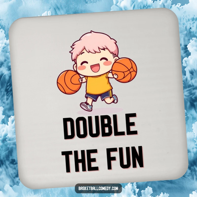 Funny drink coasters featuring a character dribbling two basketballs, offering protection with a stylish and humorous flair.
