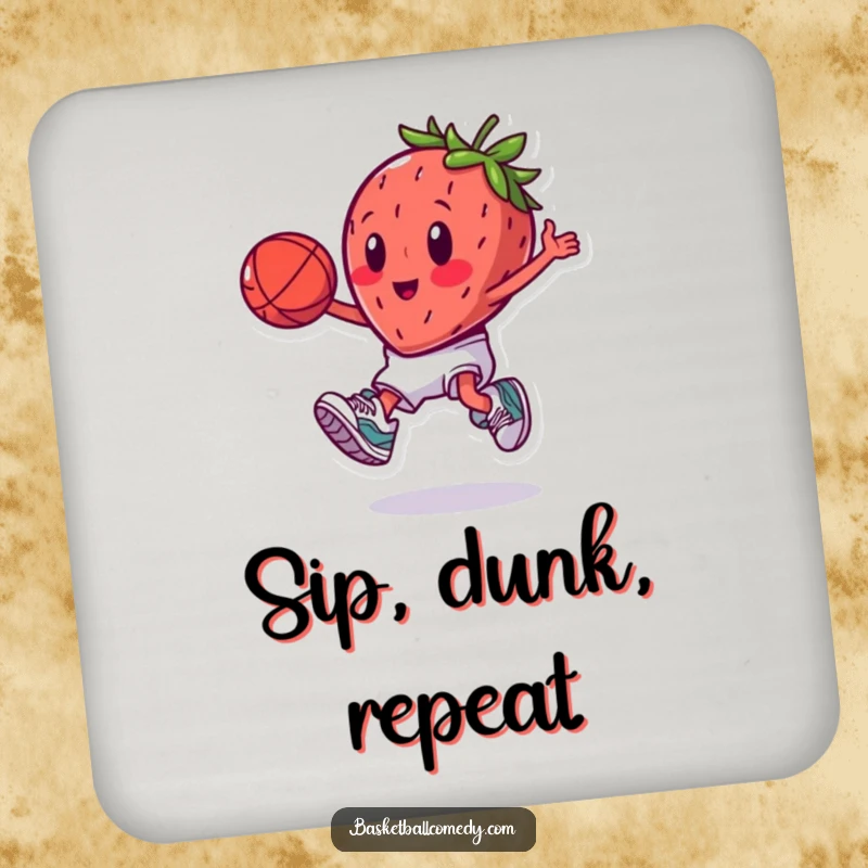 Funny energetic strawberry in sneakers, playing basketball and dunking, perfect for a humorous coaster gift.