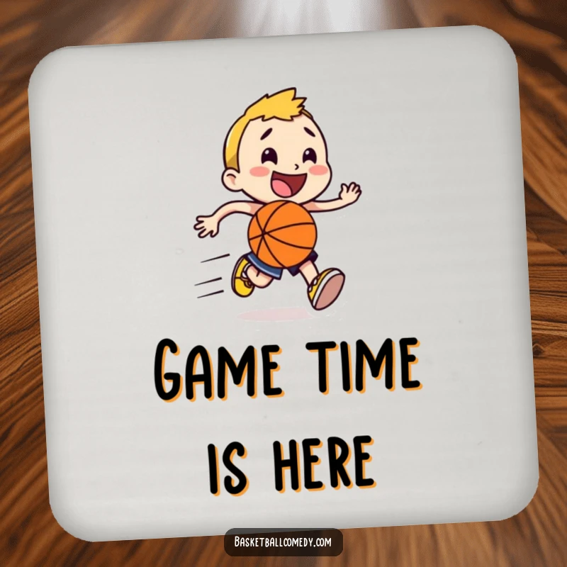 Funny happy character running with a basketball, speed lines trailing, featured on a set of drink coasters for humorous protection.