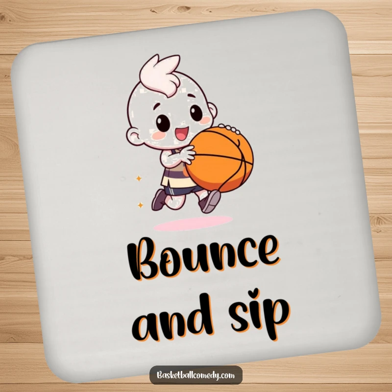Funny kawaii character drink coaster, dribbling a basketball to protect surfaces, a functional and humorous item.